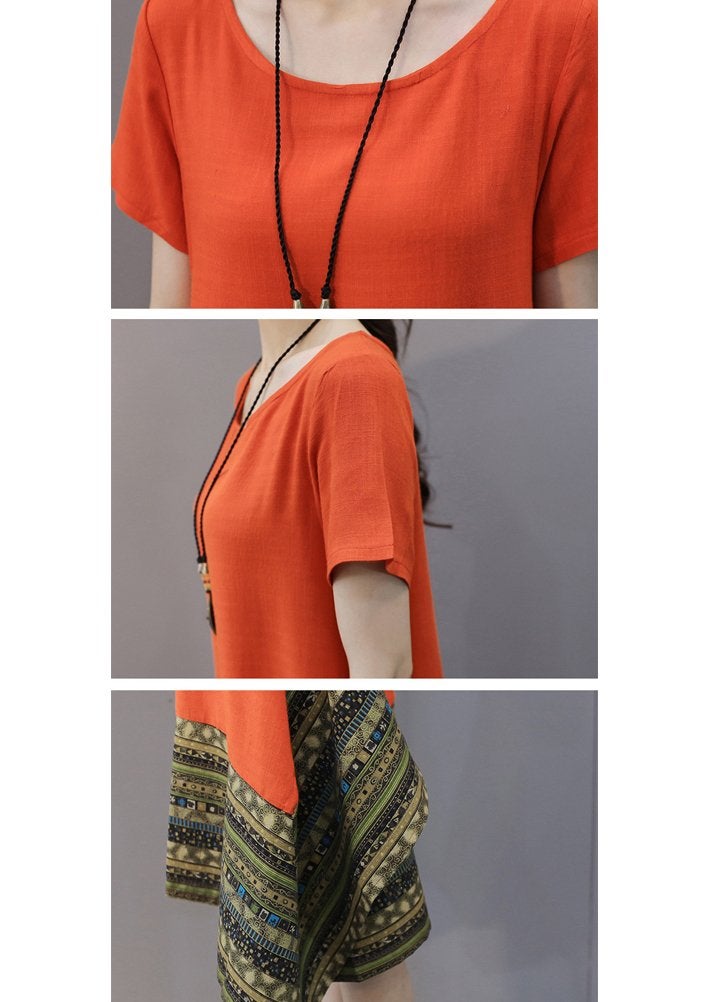 Minibee Women's Ethnic Cotton Linen Short Sleeves Irregular Tunic Dress (L, Orange) - Image 3